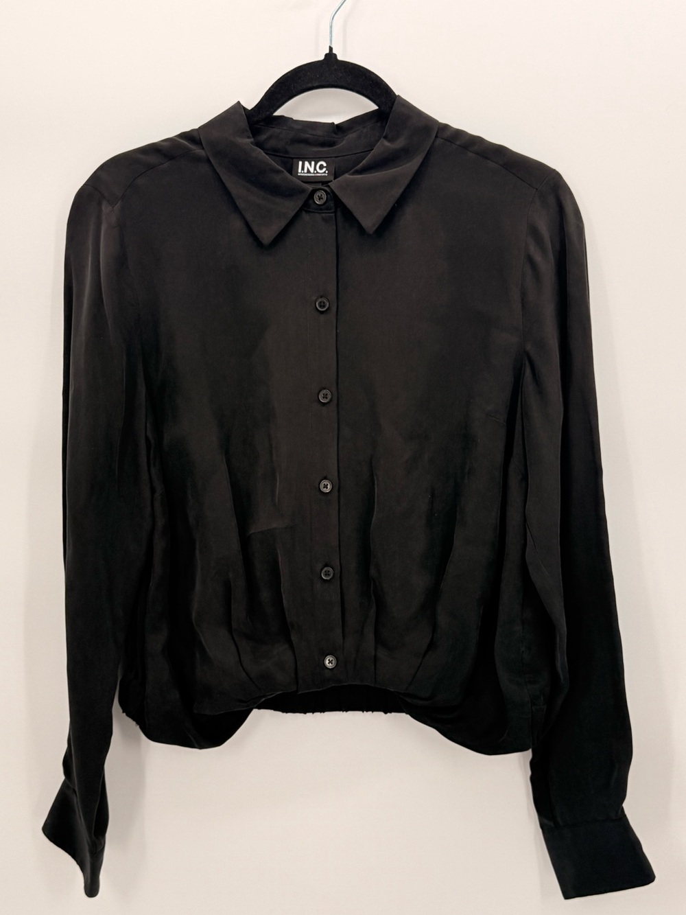 I.N.C. INTERNATIONAL CONCEPTS Mariner Black Cupro Blouson Button Front Blouse